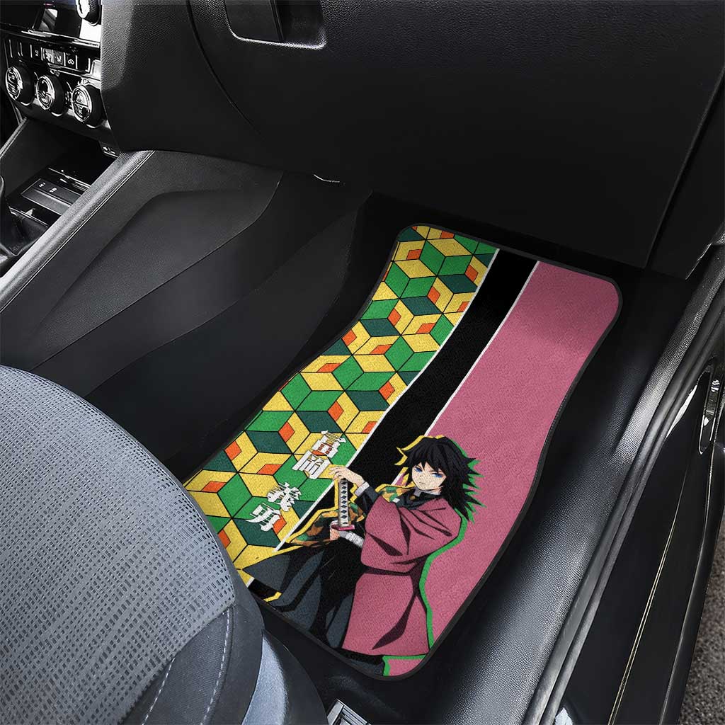 Giyu Tomioka from Demon Slayer Car Mats with Geometric Pattern Sleeve and Pink and Black Manga Panel Design - The Mazicc