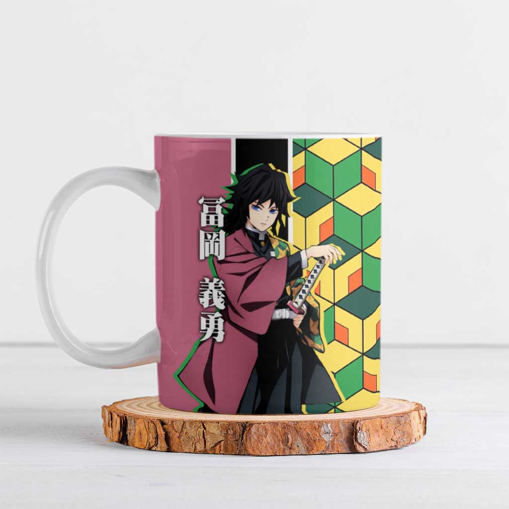 Giyu Tomioka from Demon Slayer Ceramic Mug with Geometric Pattern Sleeve and Pink and Black Manga Panel Design - The Mazicc