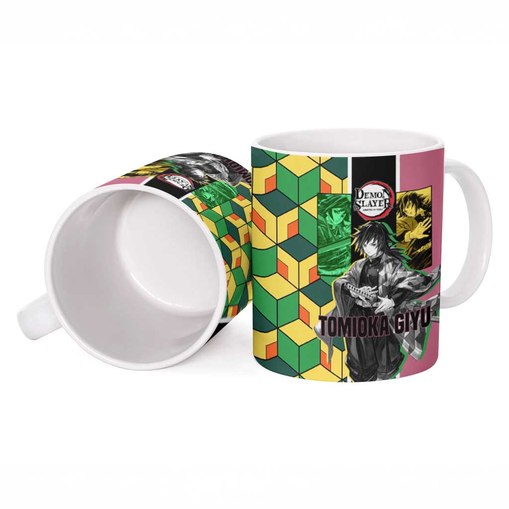 Giyu Tomioka from Demon Slayer Ceramic Mug with Geometric Pattern Sleeve and Pink and Black Manga Panel Design - The Mazicc