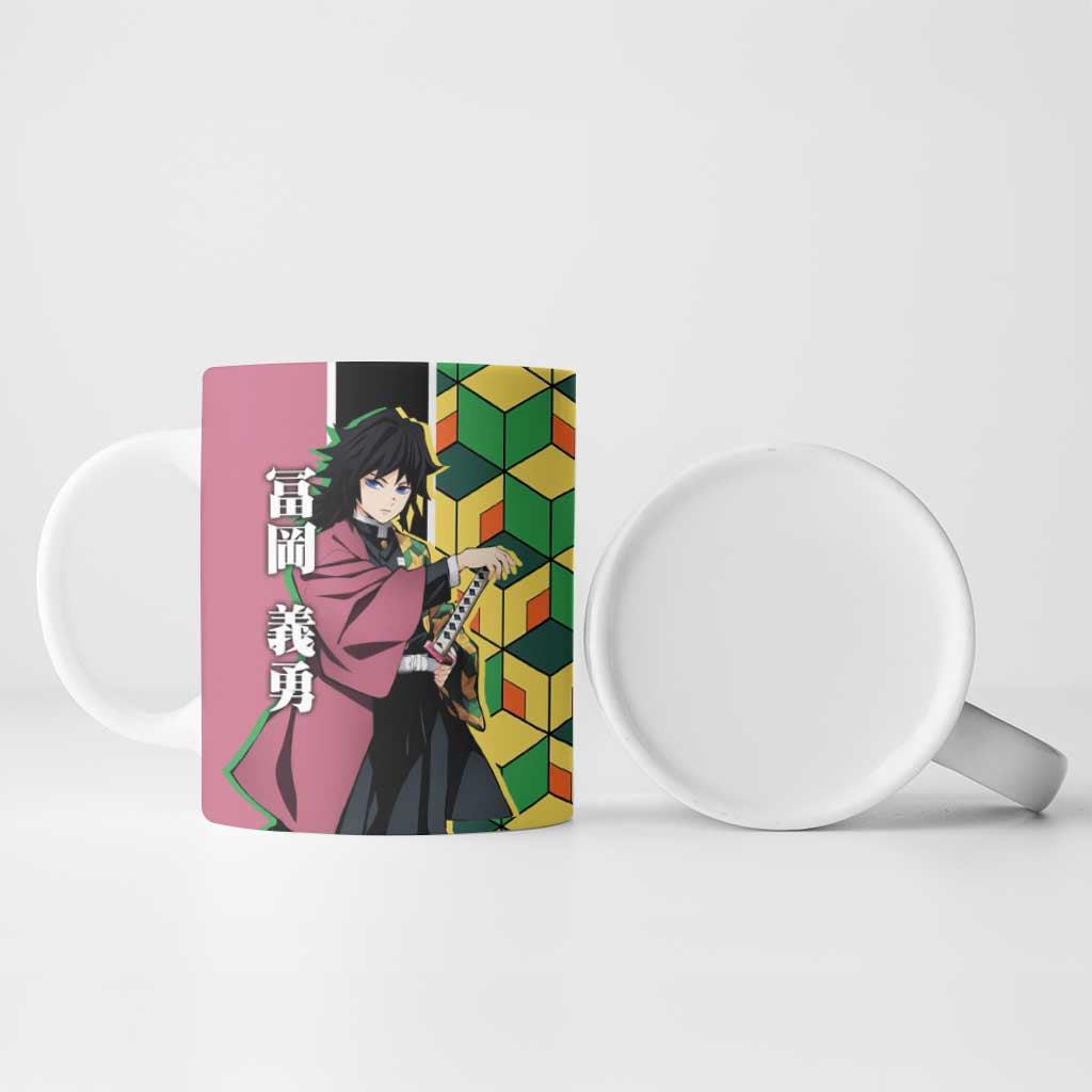 Giyu Tomioka from Demon Slayer Ceramic Mug with Geometric Pattern Sleeve and Pink and Black Manga Panel Design - The Mazicc
