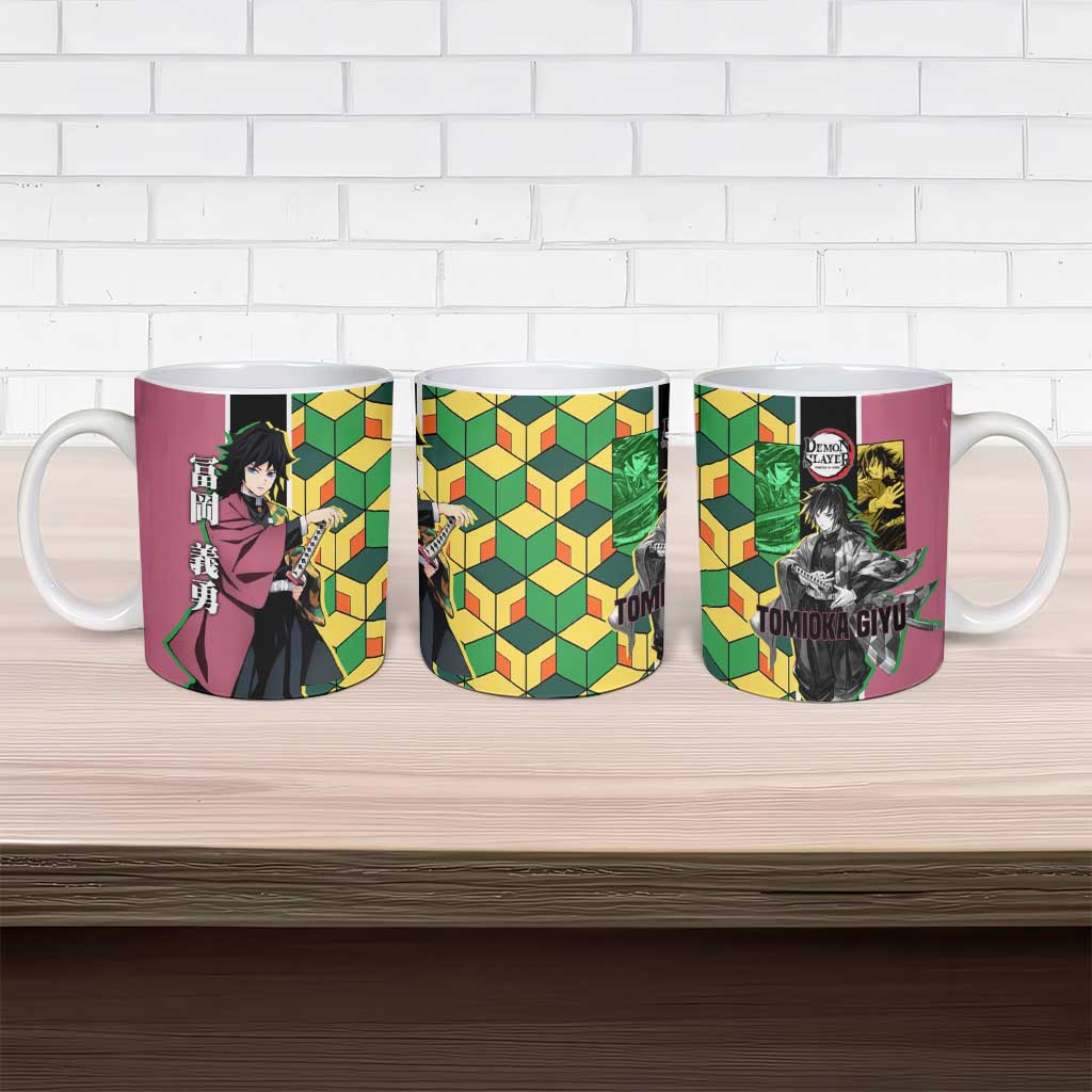 Giyu Tomioka from Demon Slayer Ceramic Mug with Geometric Pattern Sleeve and Pink and Black Manga Panel Design - The Mazicc