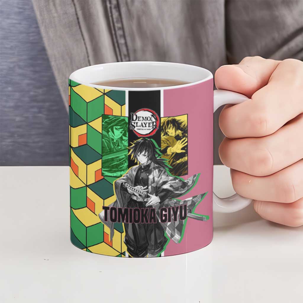 Giyu Tomioka from Demon Slayer Ceramic Mug with Geometric Pattern Sleeve and Pink and Black Manga Panel Design - The Mazicc
