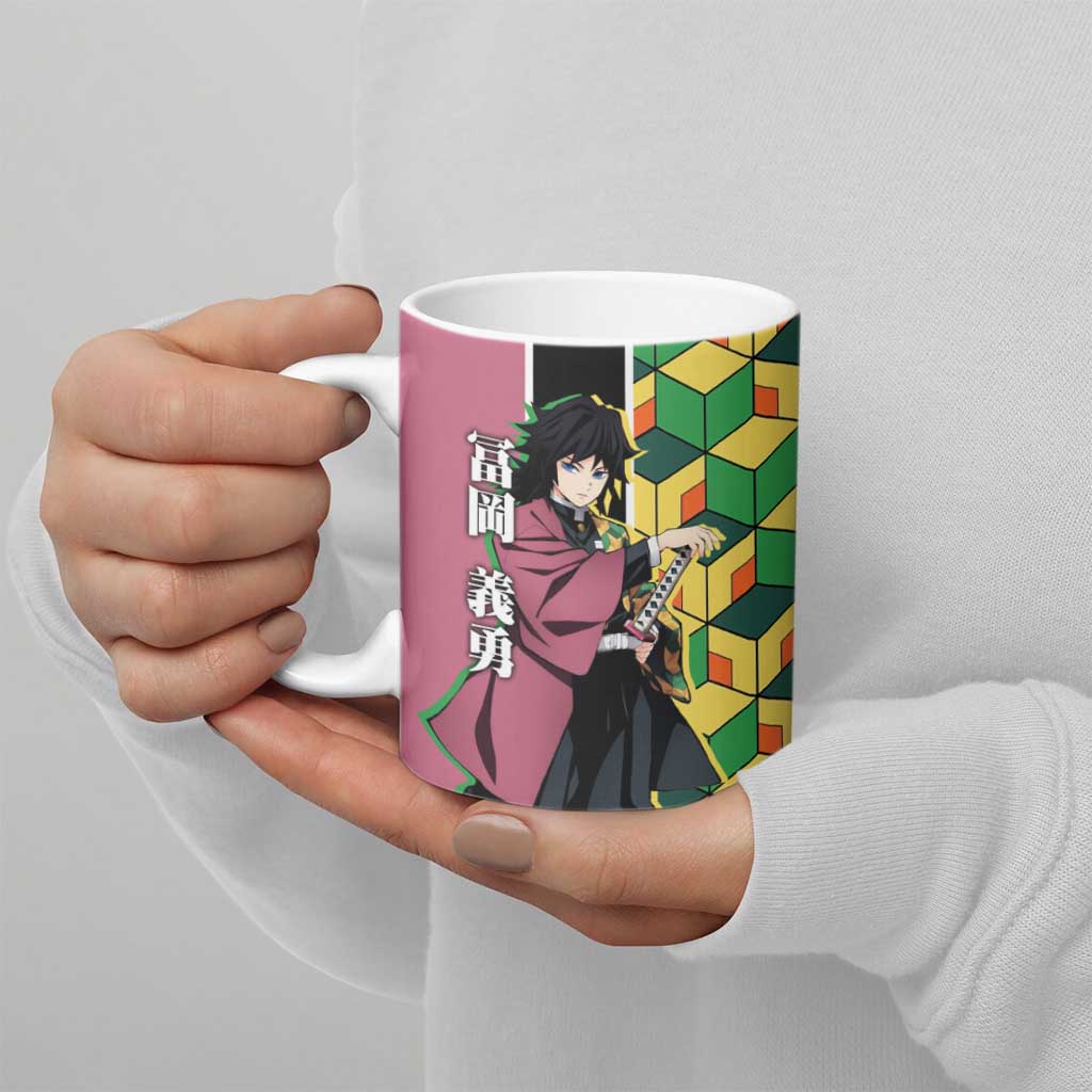 Giyu Tomioka from Demon Slayer Ceramic Mug with Geometric Pattern Sleeve and Pink and Black Manga Panel Design - The Mazicc
