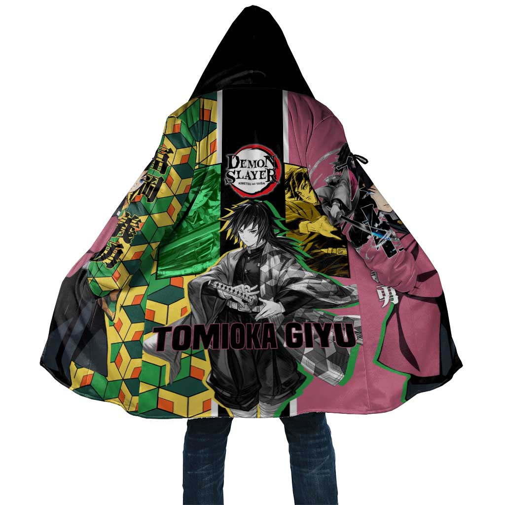 Giyu Tomioka from Demon Slayer Cloak with Geometric Pattern Sleeve and Pink and Black Manga Panel Design - The Mazicc