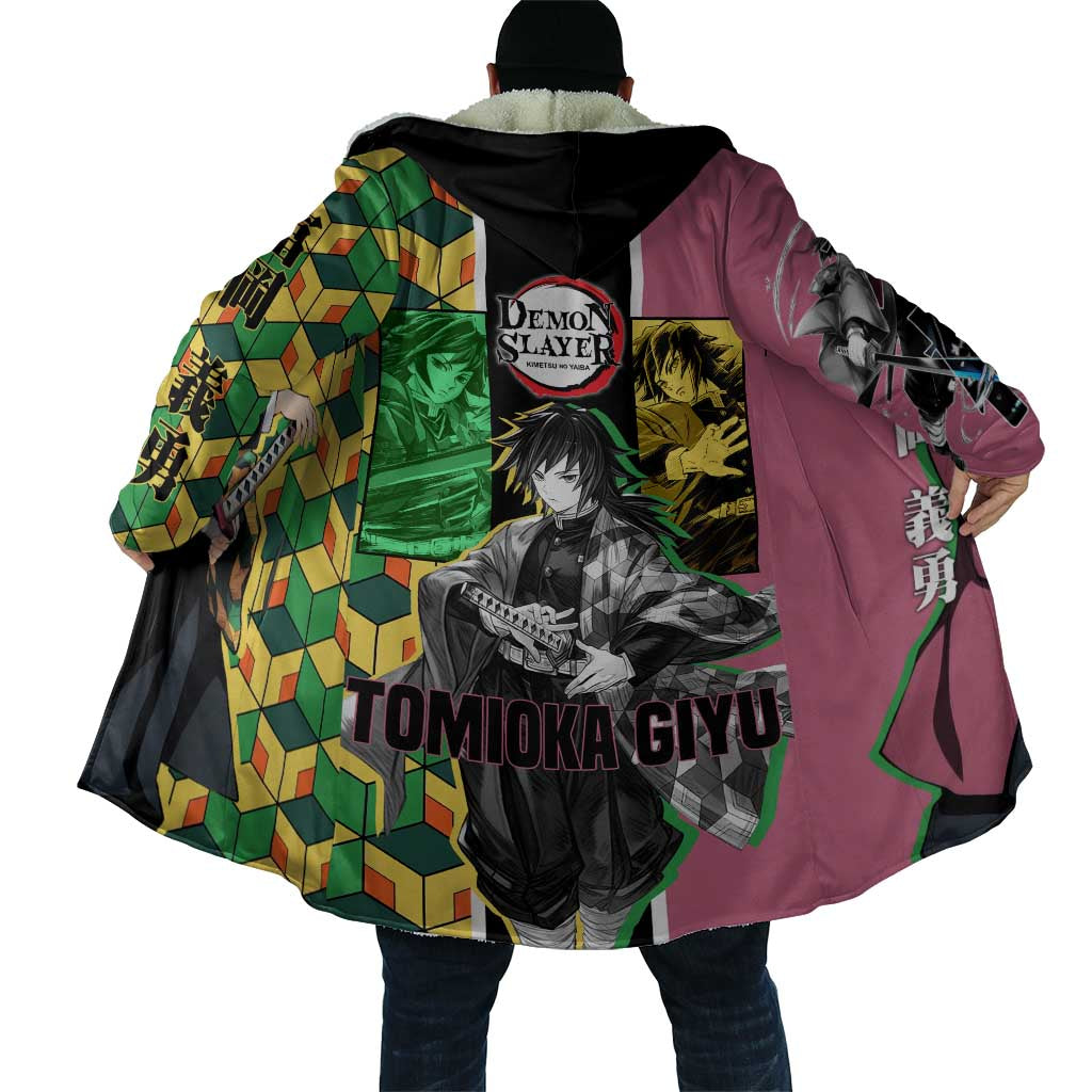 Giyu Tomioka from Demon Slayer Cloak with Geometric Pattern Sleeve and Pink and Black Manga Panel Design - The Mazicc