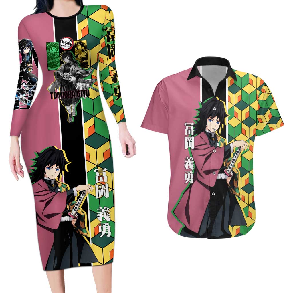 Giyu Tomioka from Demon Slayer Couples Matching Long Sleeve Bodycon Dress and Hawaiian Shirt with Geometric Pattern Sleeve and Pink and Black Manga Panel Design - The Mazicc