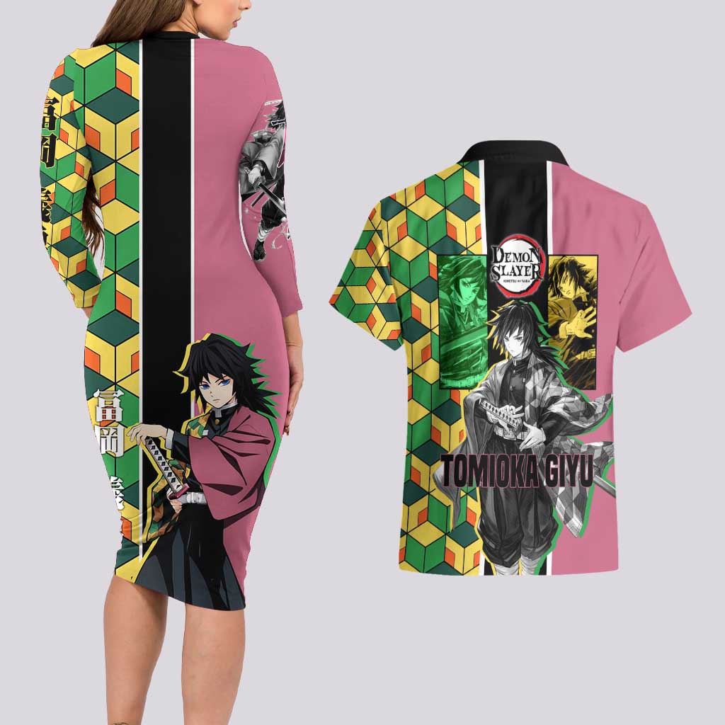 Giyu Tomioka from Demon Slayer Couples Matching Long Sleeve Bodycon Dress and Hawaiian Shirt with Geometric Pattern Sleeve and Pink and Black Manga Panel Design - The Mazicc