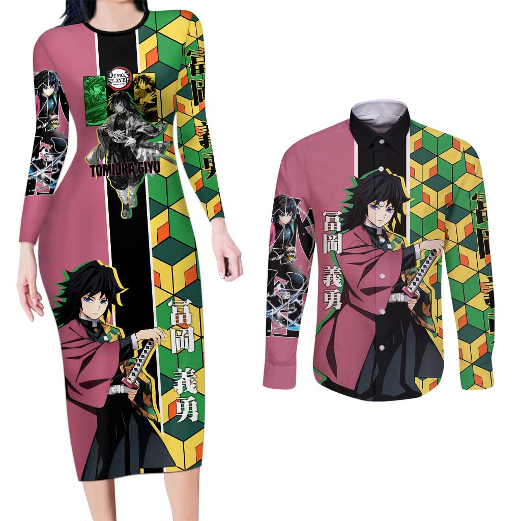 Giyu Tomioka from Demon Slayer Couples Matching Long Sleeve Bodycon Dress and Long Sleeve Button Shirt with Geometric Pattern Sleeve and Pink and Black Manga Panel Design - The Mazicc