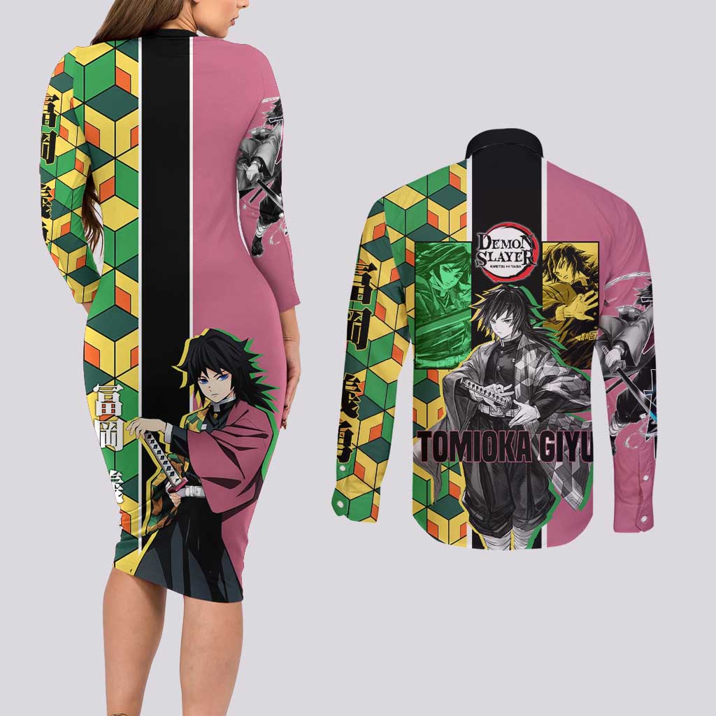 Giyu Tomioka from Demon Slayer Couples Matching Long Sleeve Bodycon Dress and Long Sleeve Button Shirt with Geometric Pattern Sleeve and Pink and Black Manga Panel Design - The Mazicc
