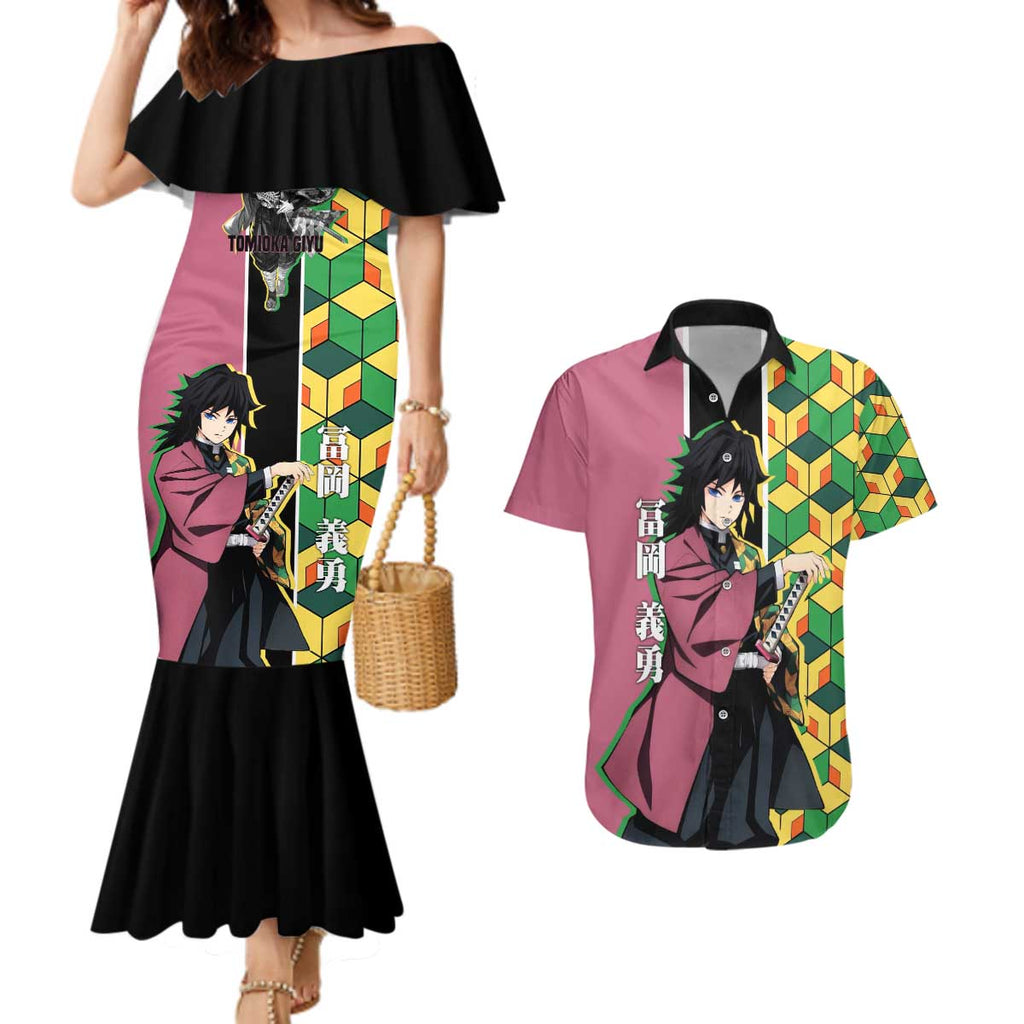 Giyu Tomioka from Demon Slayer Couples Matching Mermaid Dress and Hawaiian Shirt with Geometric Pattern Sleeve and Pink and Black Manga Panel Design - The Mazicc