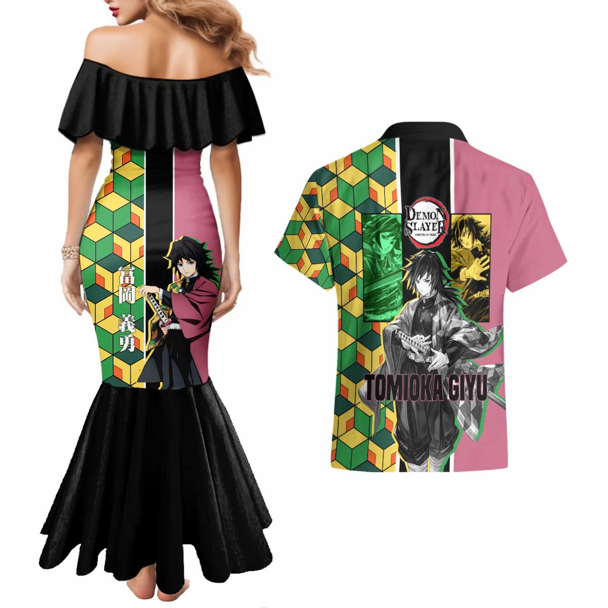 Giyu Tomioka from Demon Slayer Couples Matching Mermaid Dress and Hawaiian Shirt with Geometric Pattern Sleeve and Pink and Black Manga Panel Design - The Mazicc