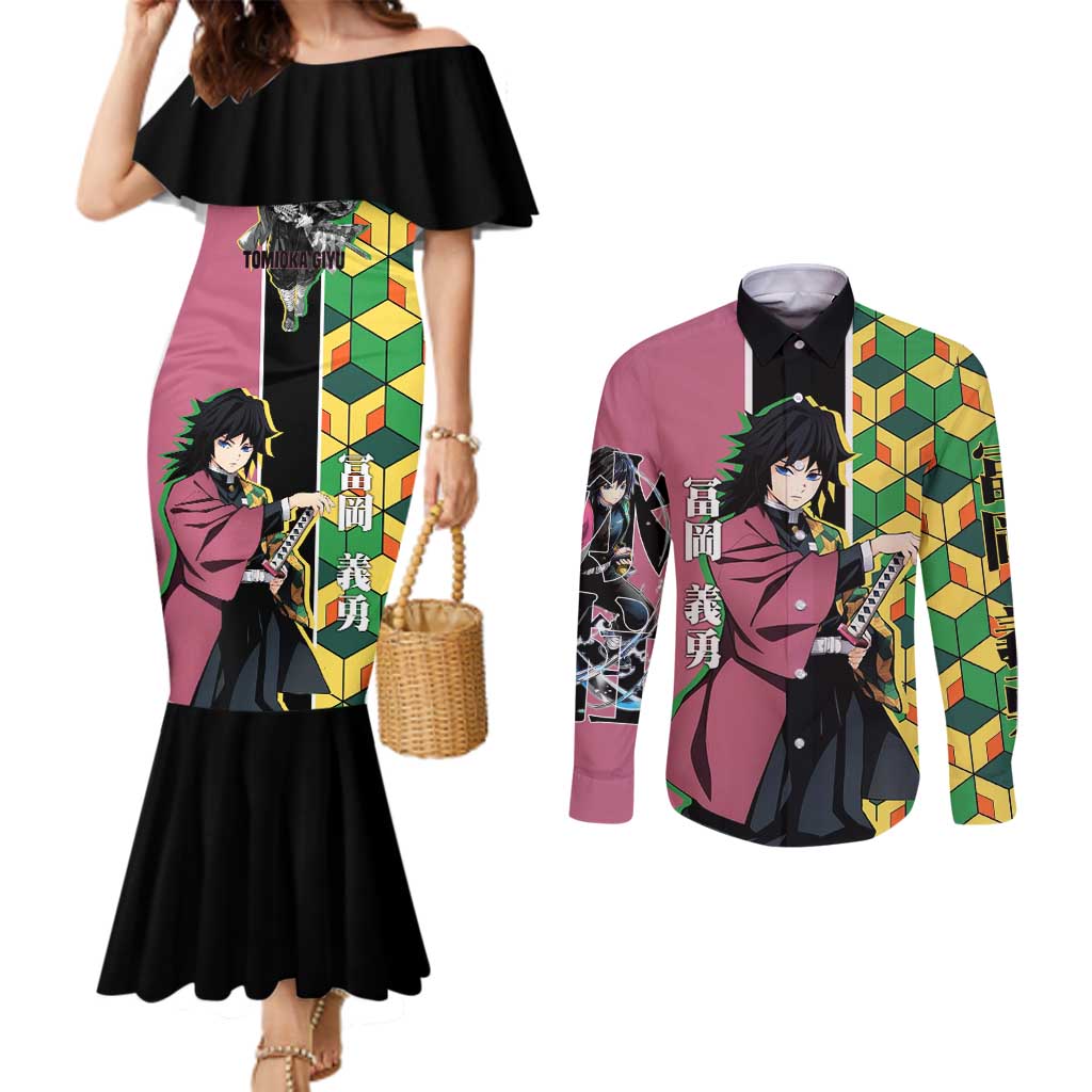 Giyu Tomioka from Demon Slayer Couples Matching Mermaid Dress and Long Sleeve Button Shirt with Geometric Pattern Sleeve and Pink and Black Manga Panel Design - The Mazicc