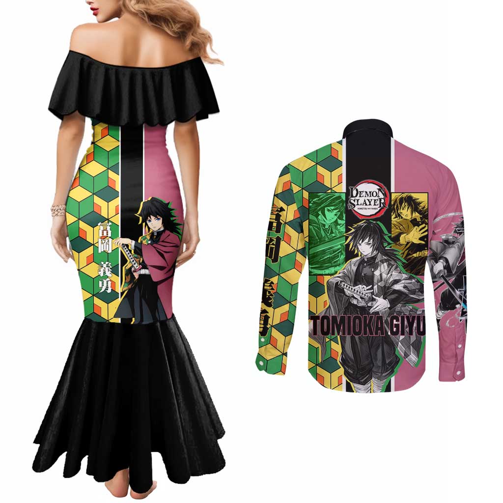 Giyu Tomioka from Demon Slayer Couples Matching Mermaid Dress and Long Sleeve Button Shirt with Geometric Pattern Sleeve and Pink and Black Manga Panel Design - The Mazicc