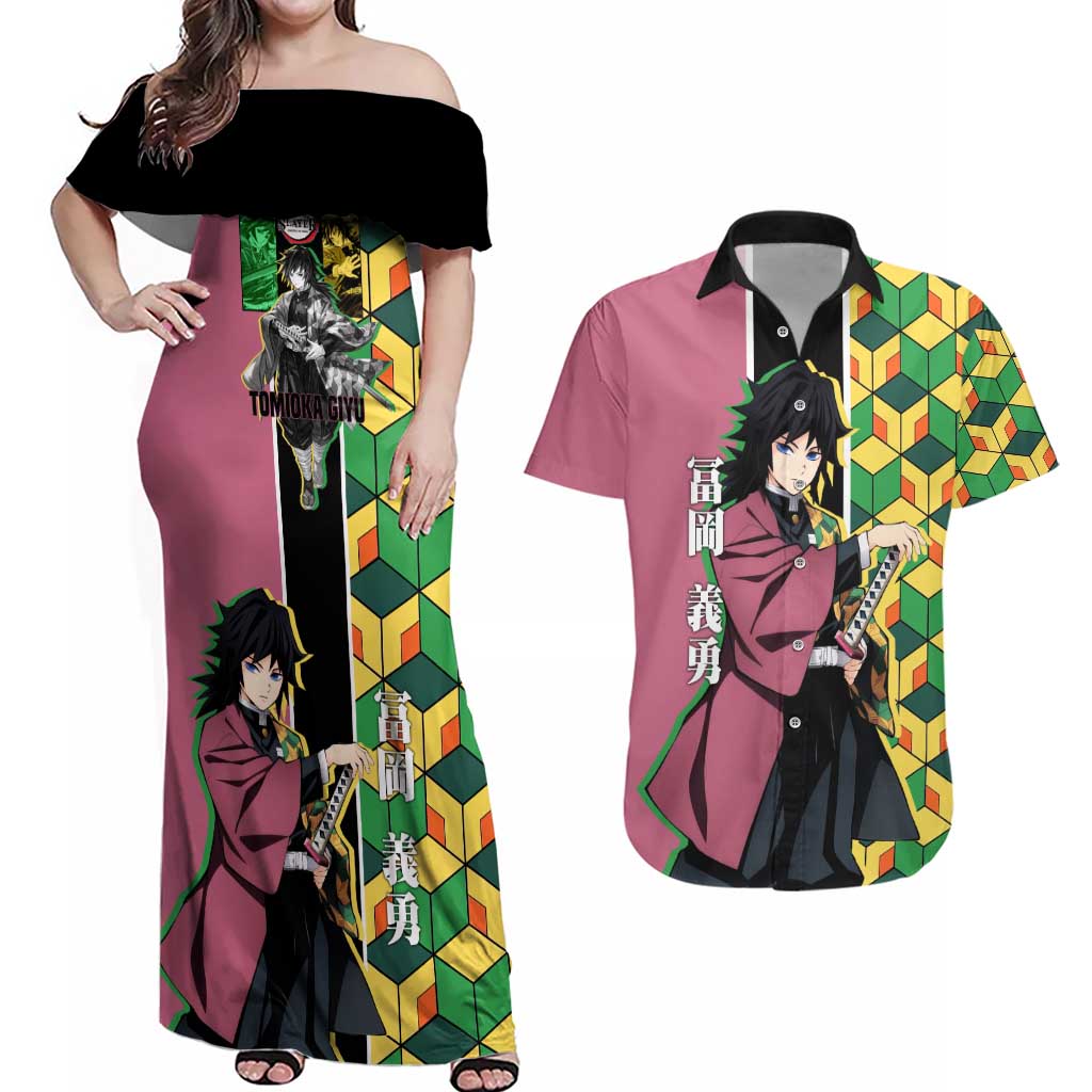 Giyu Tomioka from Demon Slayer Couples Matching Off Shoulder Maxi Dress and Hawaiian Shirt with Geometric Pattern Sleeve and Pink and Black Manga Panel Design - The Mazicc