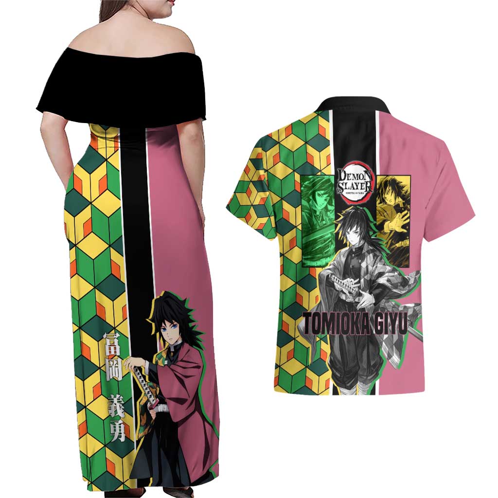 Giyu Tomioka from Demon Slayer Couples Matching Off Shoulder Maxi Dress and Hawaiian Shirt with Geometric Pattern Sleeve and Pink and Black Manga Panel Design - The Mazicc