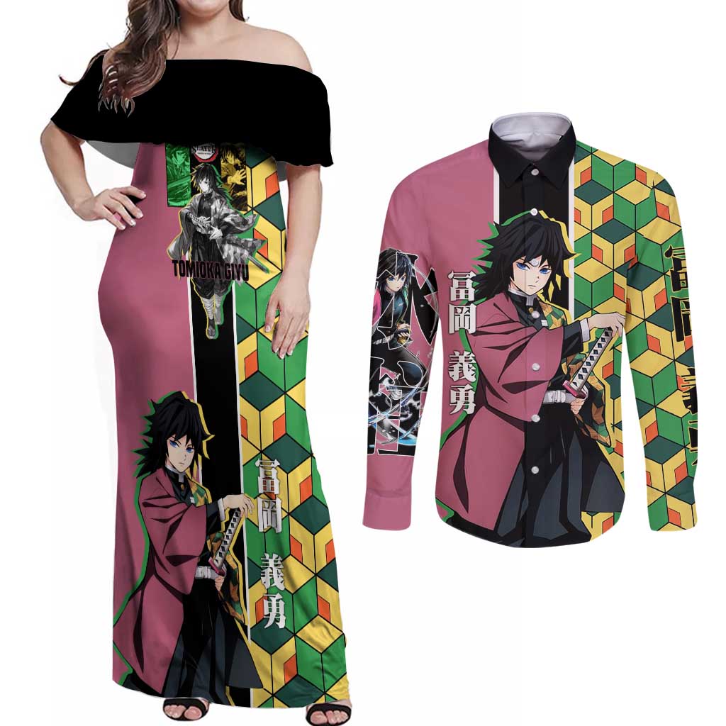 Giyu Tomioka from Demon Slayer Couples Matching Off Shoulder Maxi Dress and Long Sleeve Button Shirt with Geometric Pattern Sleeve and Pink and Black Manga Panel Design - The Mazicc