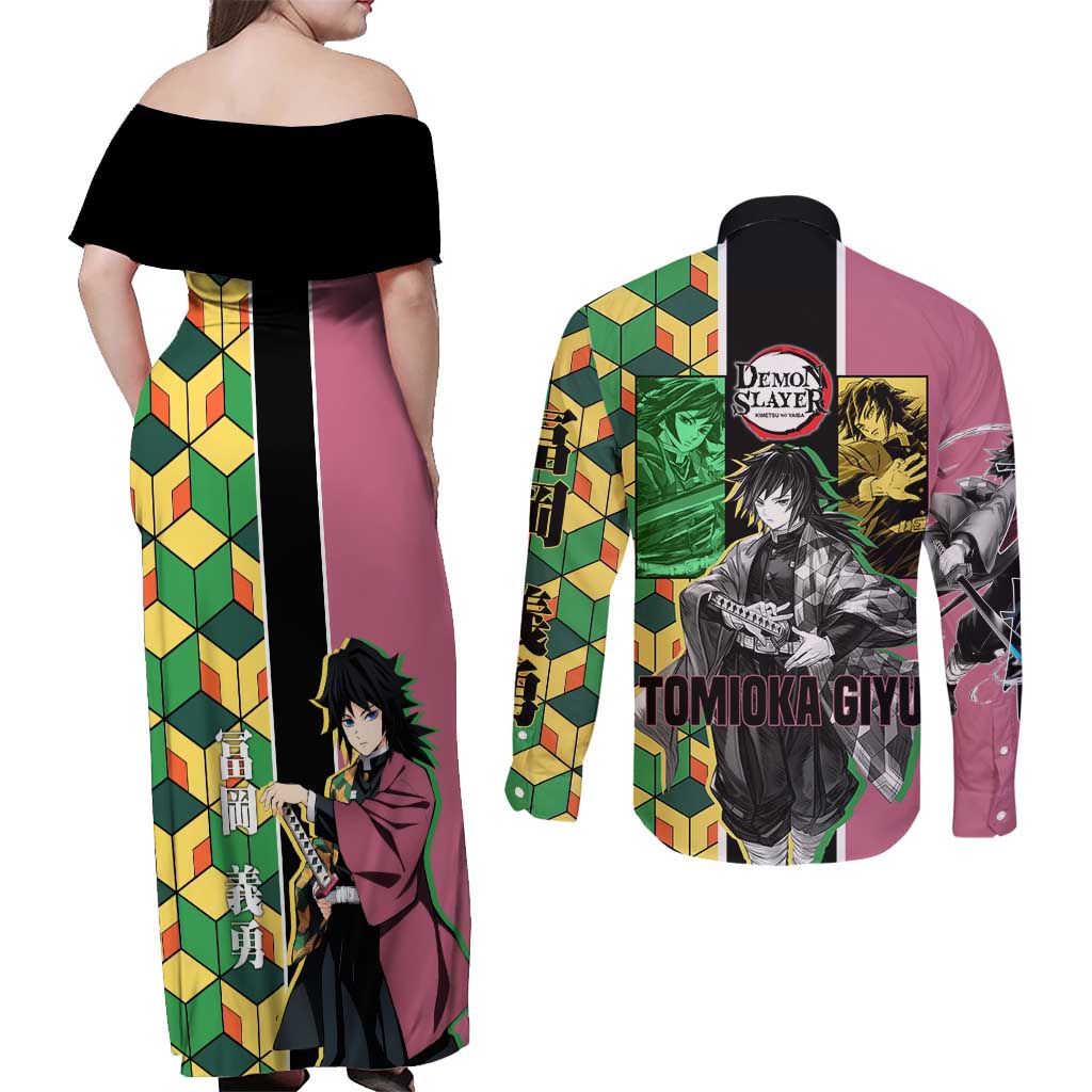 Giyu Tomioka from Demon Slayer Couples Matching Off Shoulder Maxi Dress and Long Sleeve Button Shirt with Geometric Pattern Sleeve and Pink and Black Manga Panel Design - The Mazicc