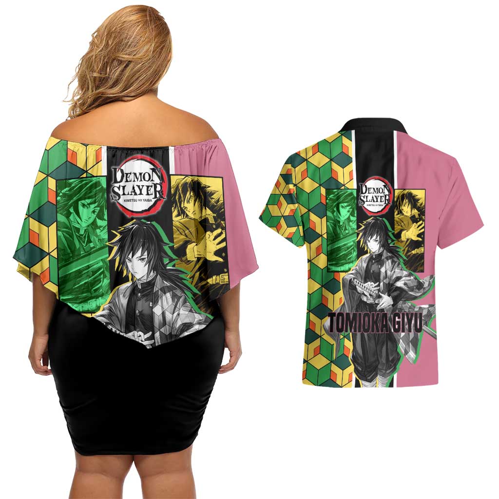 Giyu Tomioka from Demon Slayer Couples Matching Off Shoulder Short Dress and Hawaiian Shirt with Geometric Pattern Sleeve and Pink and Black Manga Panel Design - The Mazicc