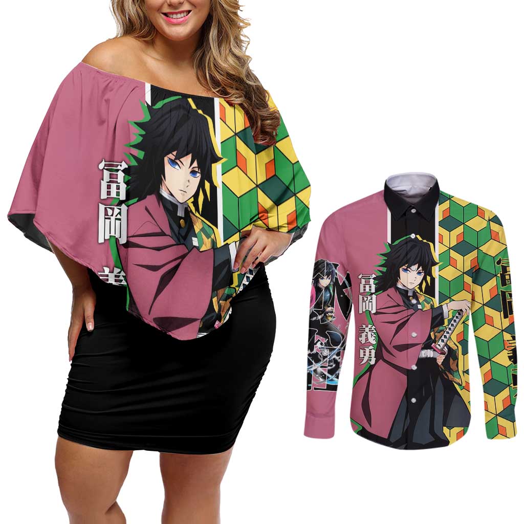 Giyu Tomioka from Demon Slayer Couples Matching Off Shoulder Short Dress and Long Sleeve Button Shirt with Geometric Pattern Sleeve and Pink and Black Manga Panel Design - The Mazicc