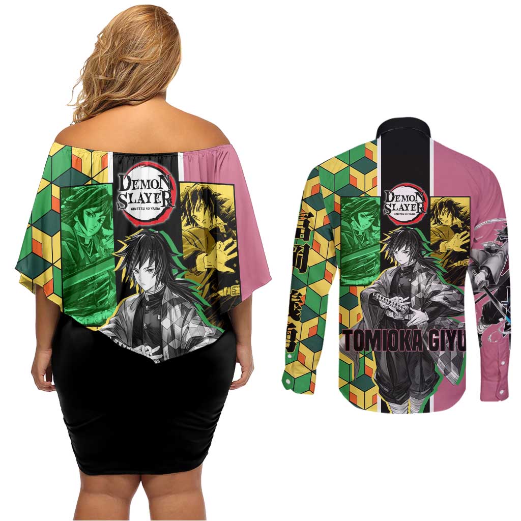 Giyu Tomioka from Demon Slayer Couples Matching Off Shoulder Short Dress and Long Sleeve Button Shirt with Geometric Pattern Sleeve and Pink and Black Manga Panel Design - The Mazicc