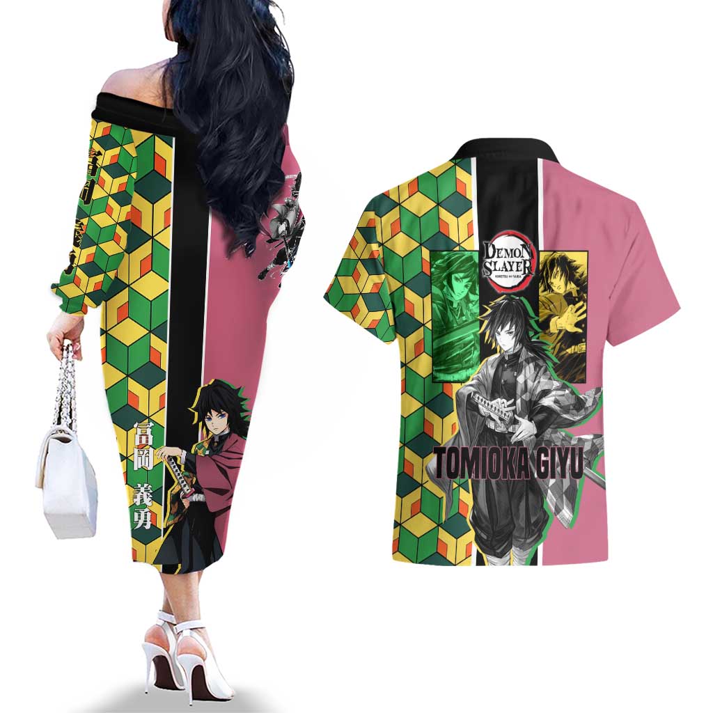 Giyu Tomioka from Demon Slayer Couples Matching Off The Shoulder Long Sleeve Dress and Hawaiian Shirt with Geometric Pattern Sleeve and Pink and Black Manga Panel Design - The Mazicc