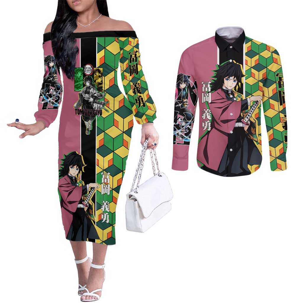 Giyu Tomioka from Demon Slayer Couples Matching Off The Shoulder Long Sleeve Dress and Long Sleeve Button Shirt with Geometric Pattern Sleeve and Pink and Black Manga Panel Design - The Mazicc