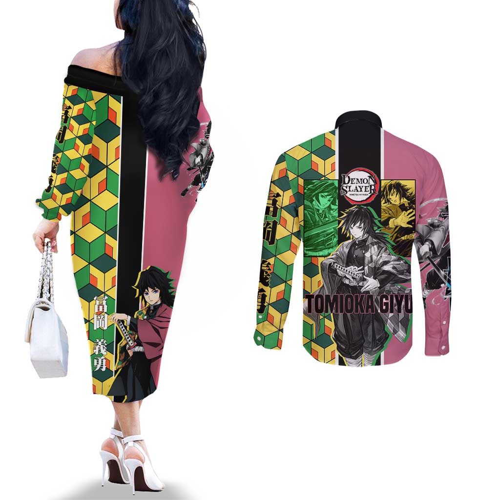 Giyu Tomioka from Demon Slayer Couples Matching Off The Shoulder Long Sleeve Dress and Long Sleeve Button Shirt with Geometric Pattern Sleeve and Pink and Black Manga Panel Design - The Mazicc