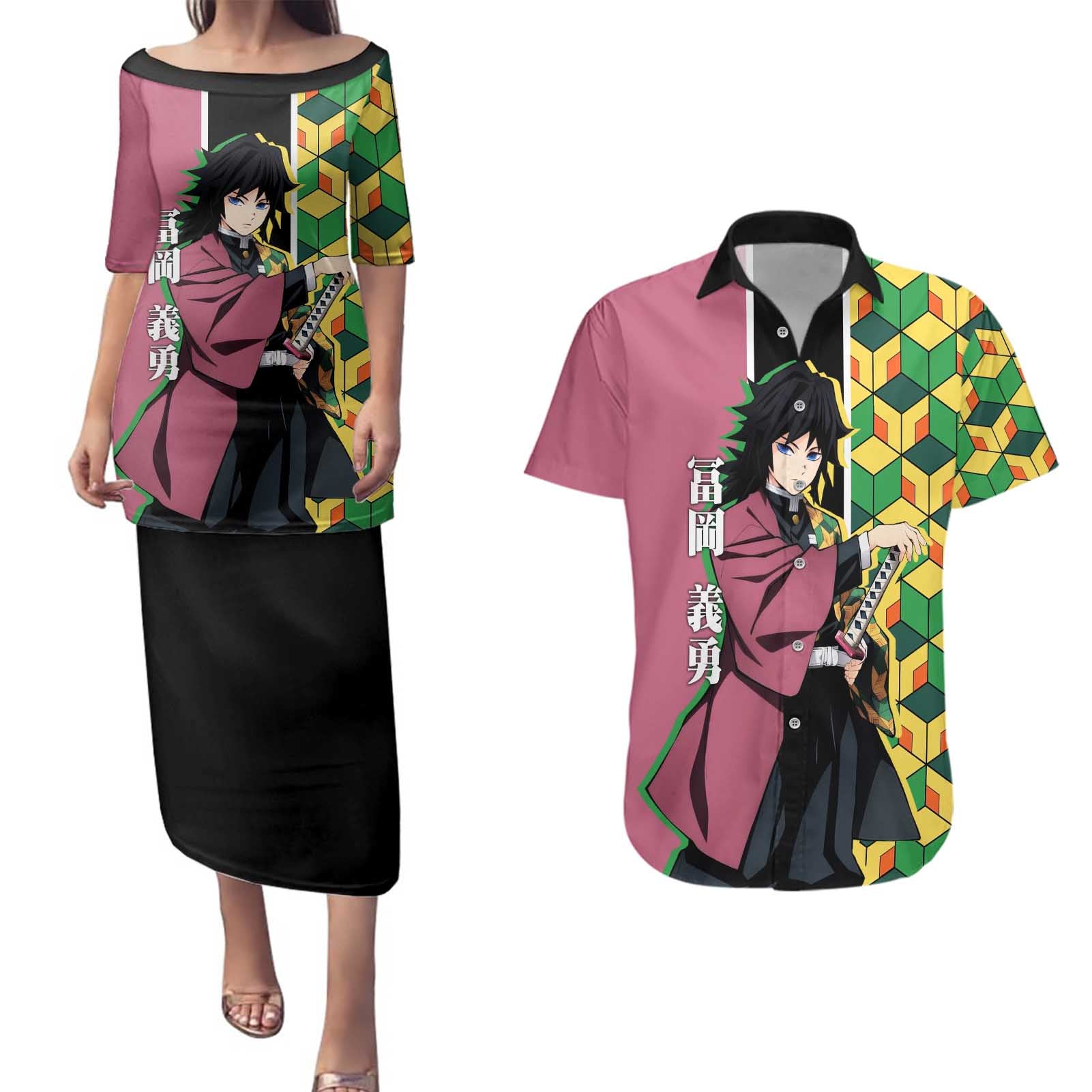 Giyu Tomioka from Demon Slayer Couples Matching Puletasi and Hawaiian Shirt with Geometric Pattern Sleeve and Pink and Black Manga Panel Design - The Mazicc