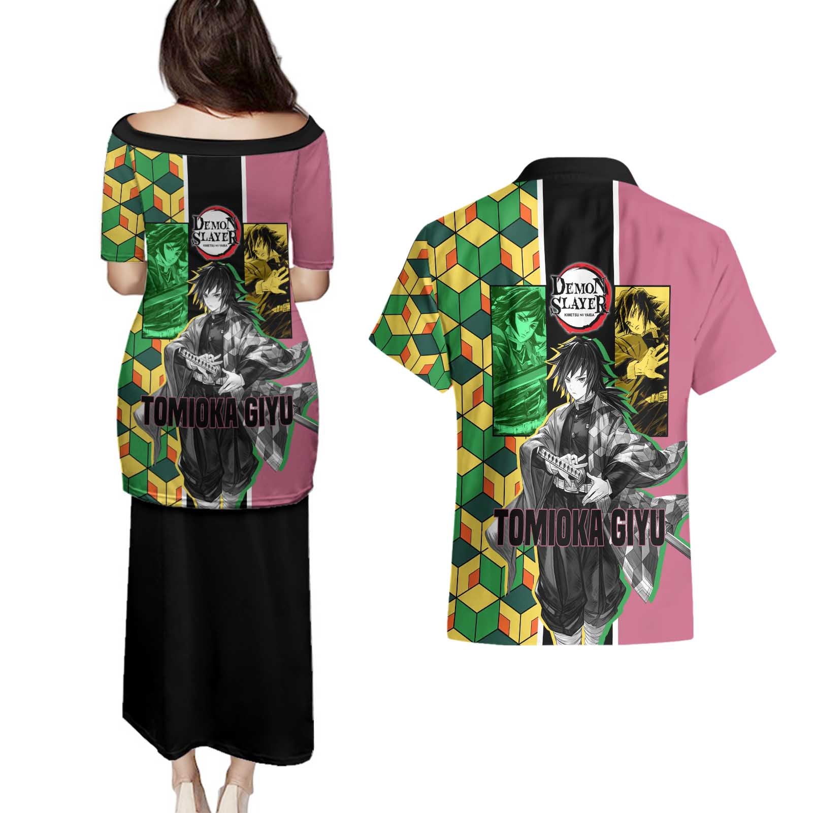 Giyu Tomioka from Demon Slayer Couples Matching Puletasi and Hawaiian Shirt with Geometric Pattern Sleeve and Pink and Black Manga Panel Design - The Mazicc