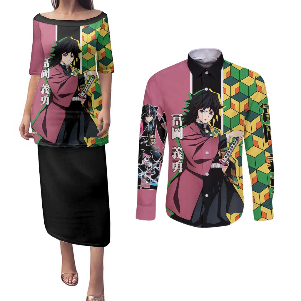 Giyu Tomioka from Demon Slayer Couples Matching Puletasi and Long Sleeve Button Shirt with Geometric Pattern Sleeve and Pink and Black Manga Panel Design - The Mazicc