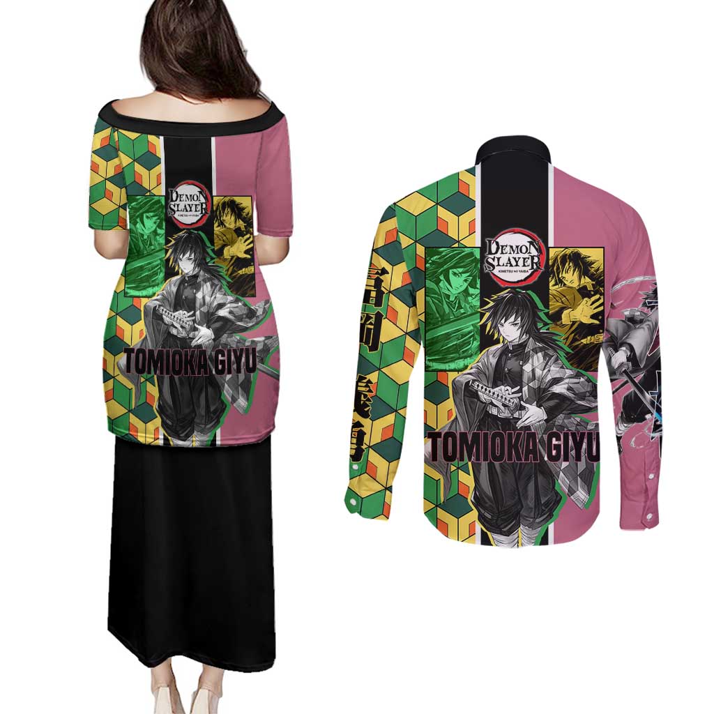 Giyu Tomioka from Demon Slayer Couples Matching Puletasi and Long Sleeve Button Shirt with Geometric Pattern Sleeve and Pink and Black Manga Panel Design - The Mazicc