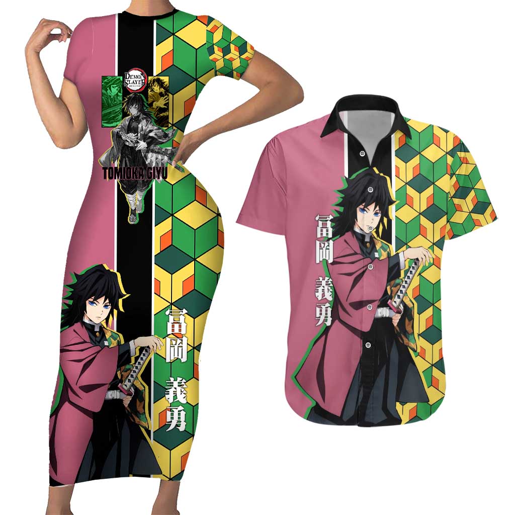 Giyu Tomioka from Demon Slayer Couples Matching Short Sleeve Bodycon Dress and Hawaiian Shirt with Geometric Pattern Sleeve and Pink and Black Manga Panel Design - The Mazicc