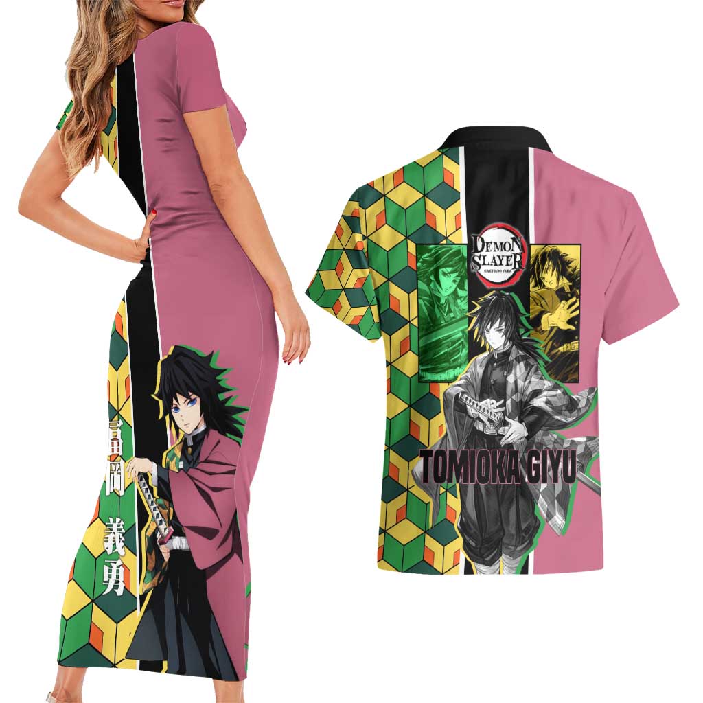 Giyu Tomioka from Demon Slayer Couples Matching Short Sleeve Bodycon Dress and Hawaiian Shirt with Geometric Pattern Sleeve and Pink and Black Manga Panel Design - The Mazicc