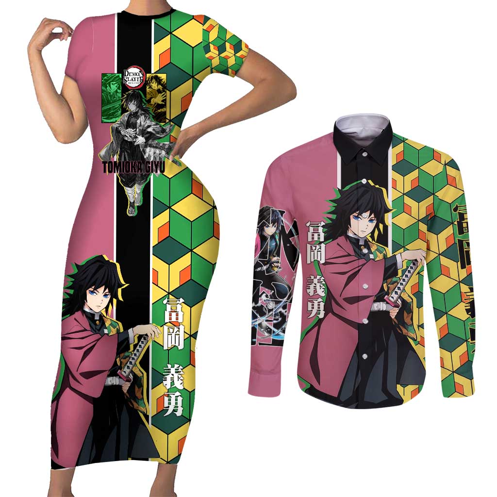Giyu Tomioka from Demon Slayer Couples Matching Short Sleeve Bodycon Dress and Long Sleeve Button Shirt with Geometric Pattern Sleeve and Pink and Black Manga Panel Design - The Mazicc