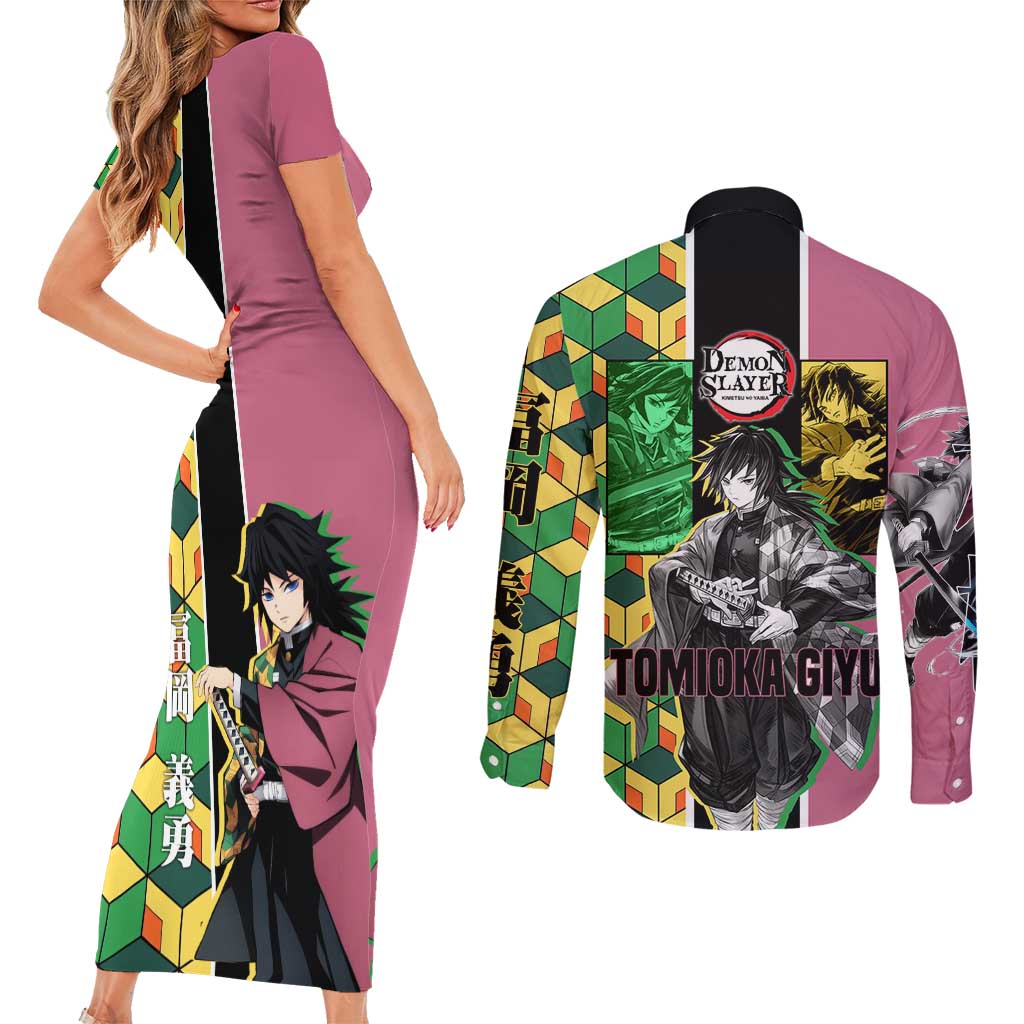 Giyu Tomioka from Demon Slayer Couples Matching Short Sleeve Bodycon Dress and Long Sleeve Button Shirt with Geometric Pattern Sleeve and Pink and Black Manga Panel Design - The Mazicc