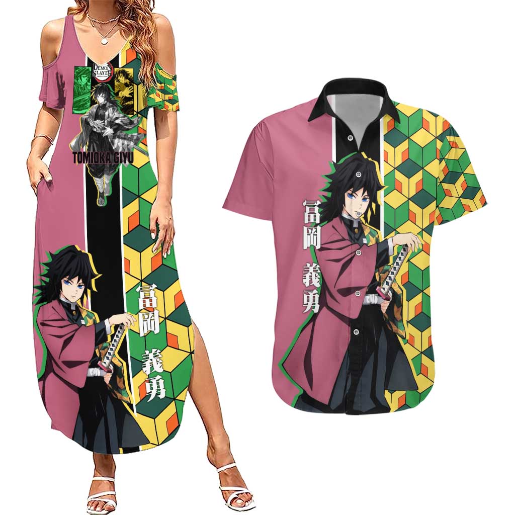 Giyu Tomioka from Demon Slayer Couples Matching Summer Maxi Dress and Hawaiian Shirt with Geometric Pattern Sleeve and Pink and Black Manga Panel Design - The Mazicc