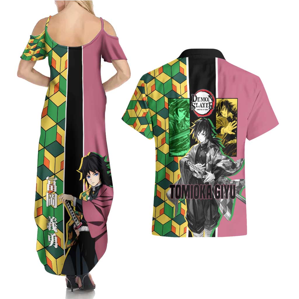 Giyu Tomioka from Demon Slayer Couples Matching Summer Maxi Dress and Hawaiian Shirt with Geometric Pattern Sleeve and Pink and Black Manga Panel Design - The Mazicc