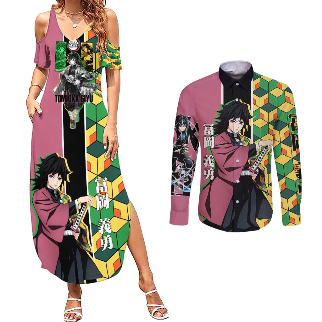 Giyu Tomioka from Demon Slayer Couples Matching Summer Maxi Dress and Long Sleeve Button Shirt with Geometric Pattern Sleeve and Pink and Black Manga Panel Design - The Mazicc