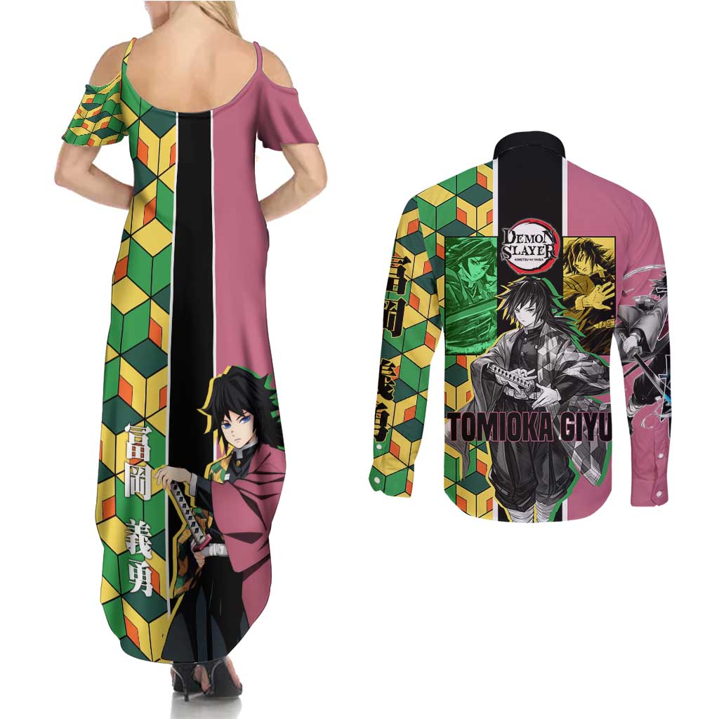 Giyu Tomioka from Demon Slayer Couples Matching Summer Maxi Dress and Long Sleeve Button Shirt with Geometric Pattern Sleeve and Pink and Black Manga Panel Design - The Mazicc