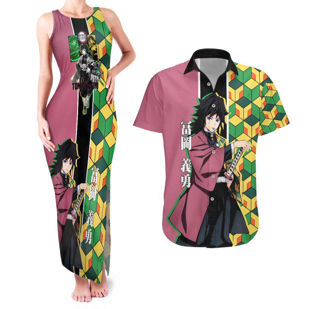 Giyu Tomioka from Demon Slayer Couples Matching Tank Maxi Dress and Hawaiian Shirt with Geometric Pattern Sleeve and Pink and Black Manga Panel Design - The Mazicc