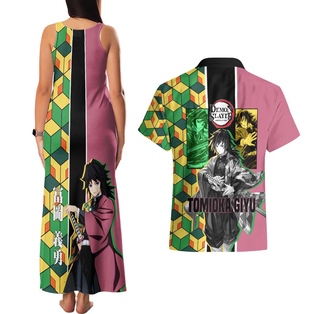 Giyu Tomioka from Demon Slayer Couples Matching Tank Maxi Dress and Hawaiian Shirt with Geometric Pattern Sleeve and Pink and Black Manga Panel Design - The Mazicc
