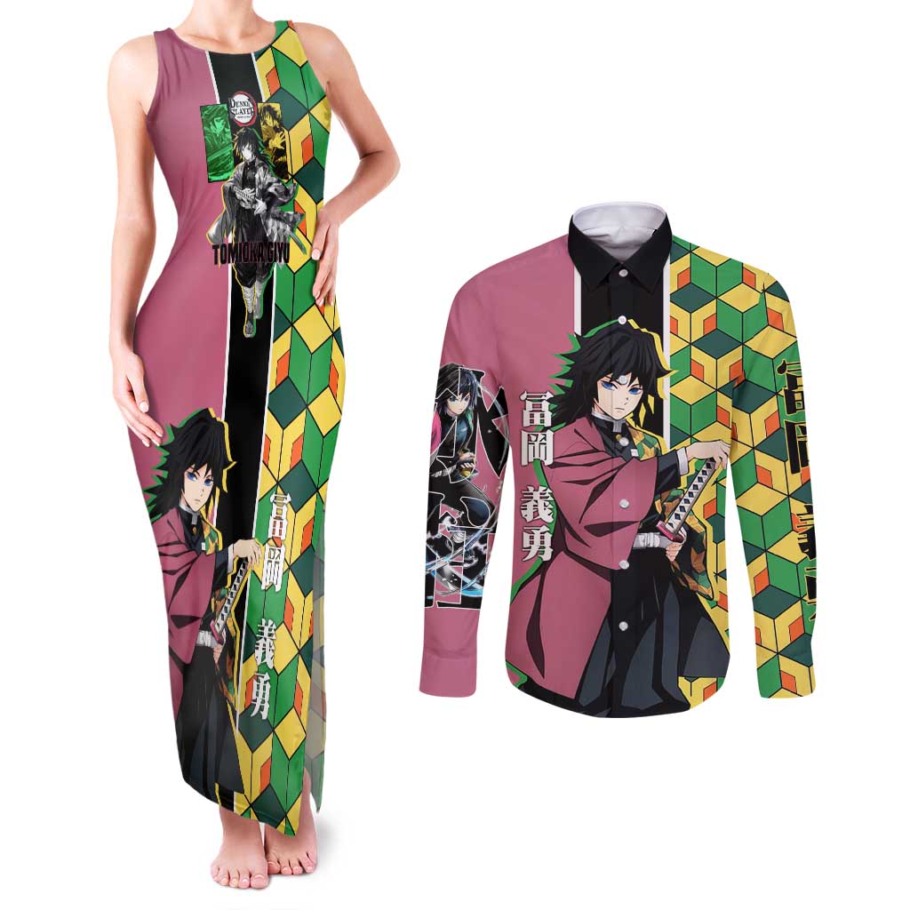 Giyu Tomioka from Demon Slayer Couples Matching Tank Maxi Dress and Long Sleeve Button Shirt with Geometric Pattern Sleeve and Pink and Black Manga Panel Design - The Mazicc