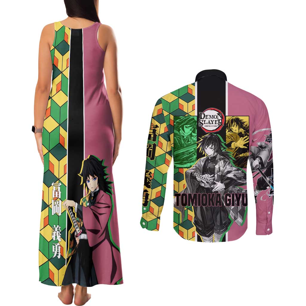 Giyu Tomioka from Demon Slayer Couples Matching Tank Maxi Dress and Long Sleeve Button Shirt with Geometric Pattern Sleeve and Pink and Black Manga Panel Design - The Mazicc