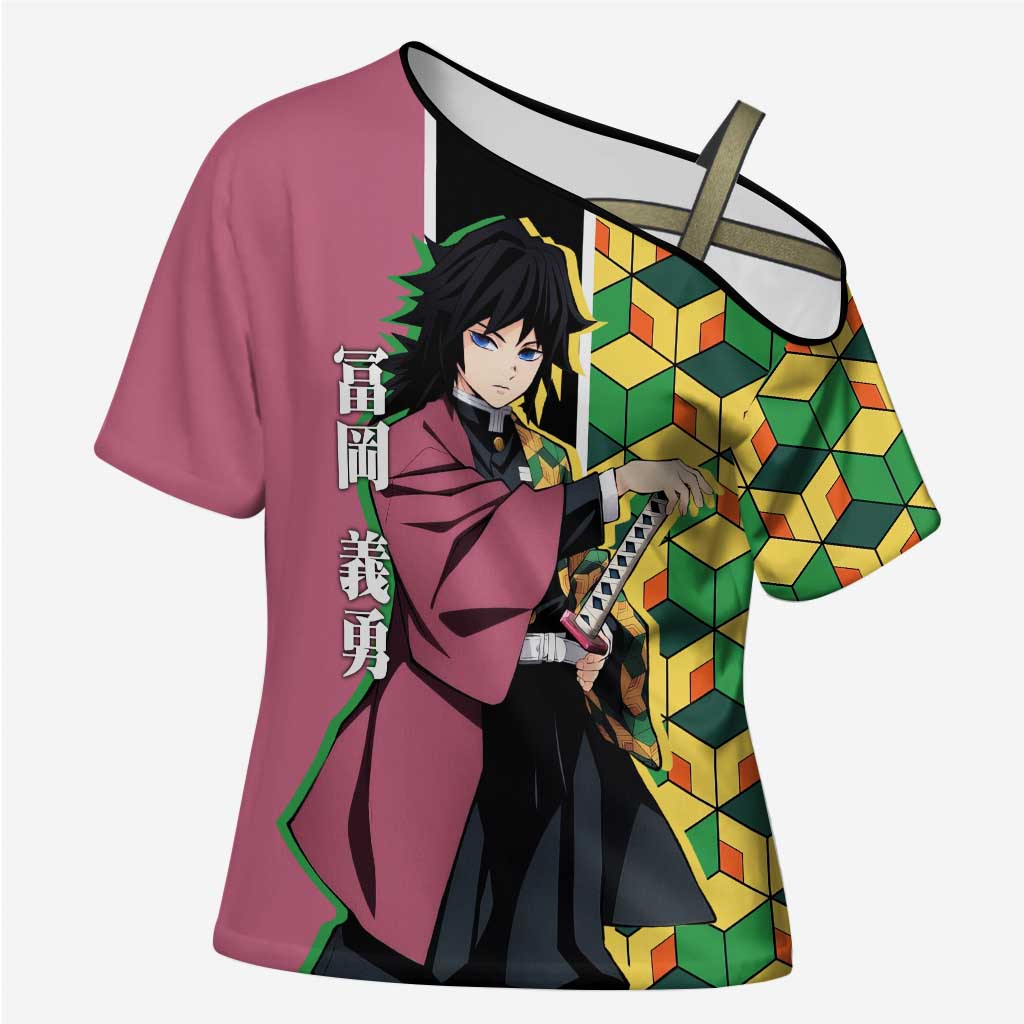 Giyu Tomioka from Demon Slayer Cross Shoulder Shirt with Geometric Pattern Sleeve and Pink and Black Manga Panel Design - The Mazicc