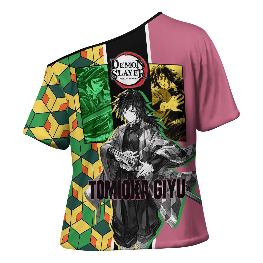 Giyu Tomioka from Demon Slayer Cross Shoulder Shirt with Geometric Pattern Sleeve and Pink and Black Manga Panel Design - The Mazicc