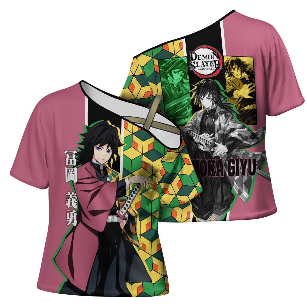 Giyu Tomioka from Demon Slayer Cross Shoulder Shirt with Geometric Pattern Sleeve and Pink and Black Manga Panel Design - The Mazicc