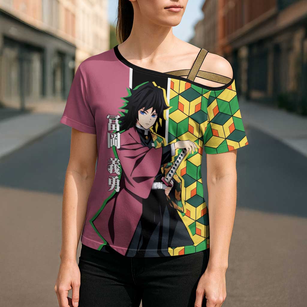 Giyu Tomioka from Demon Slayer Cross Shoulder Shirt with Geometric Pattern Sleeve and Pink and Black Manga Panel Design - The Mazicc
