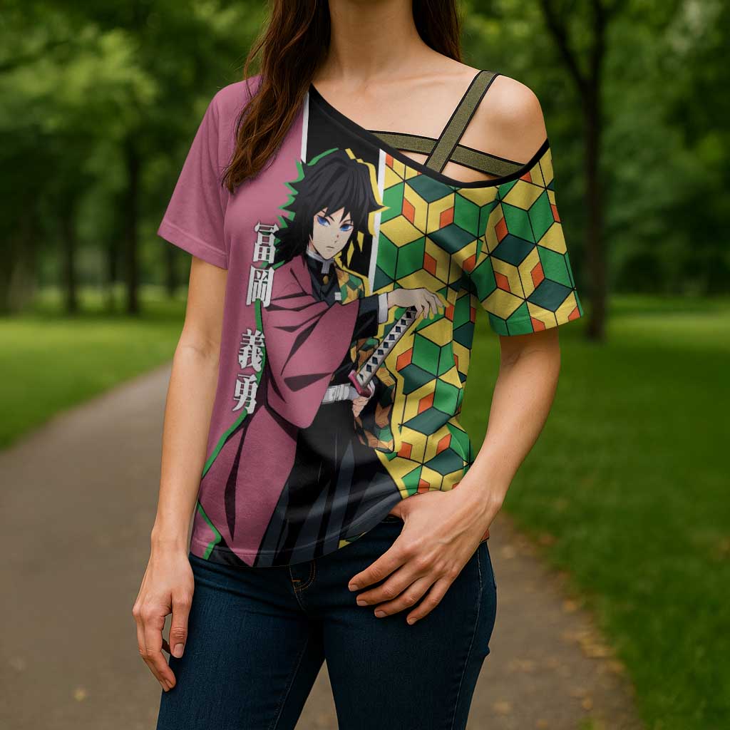 Giyu Tomioka from Demon Slayer Cross Shoulder Shirt with Geometric Pattern Sleeve and Pink and Black Manga Panel Design - The Mazicc