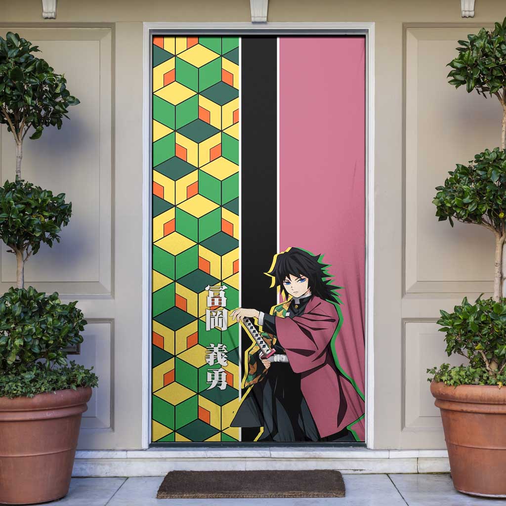 Giyu Tomioka from Demon Slayer Door Cover with Geometric Pattern Sleeve and Pink and Black Manga Panel Design - The Mazicc