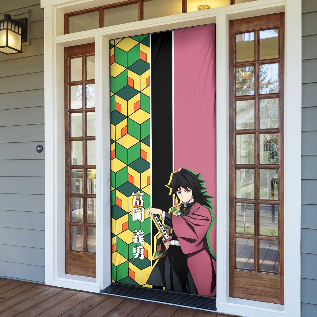 Giyu Tomioka from Demon Slayer Door Cover with Geometric Pattern Sleeve and Pink and Black Manga Panel Design - The Mazicc